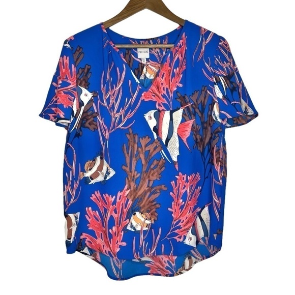 Nic + Zoe Angel Fish Reef Print Flutter Sleeve Top Blue NWT - Picture 1 of 13